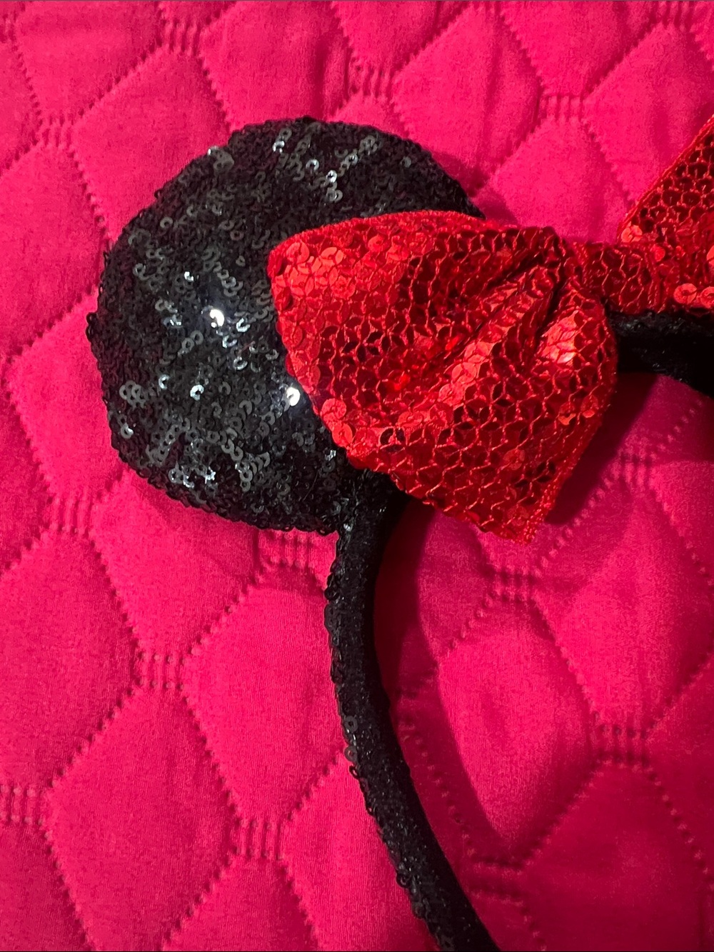 Black Sequin Mouse Ear Headband with Red Sequin Bow - Picture 2 of 10